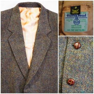 Vtg Harris Tweed Sz 38R Sport Coat Mens Heathered Green Brown Retro Blazer